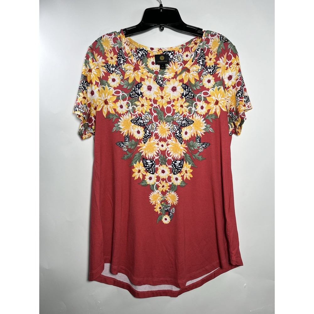 JM Collection Women's Size Small Top Tunnic Short Sleeve Scoop Neck Red/Multi EU